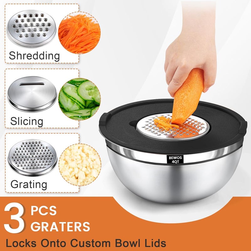 BEWOS Mixing Bowls with Lids Set - 5 Pcs Stainless Steel Mixing Bowls With 3 Grater Attachments, Size 4.5, 4, 3.5, 2.1, 1.5QT Metal Bowls for Baking and Serving (Black) - Image 3